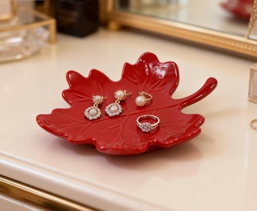 Ceramic Jewelry Dish for Women Girls, Jewelry Ring Tray Trinket Dish, Leaf Shape Ceramic Plate, Keys Bowls Tray Holder for Mother's Day/Christmas/Thanksgiving/Birthday Gift-Red A - Image 2