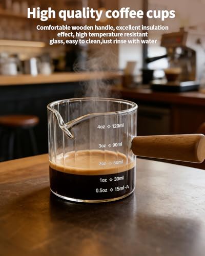 Espresso Measuring Cup 4 Oz, Espresso Glass Cups with Wood Handle, Milk Frothing Cup, Espresso Cup for Coffee, Milk, Tea or Maple Syrup Serving (Transparent, 4 oz) - Image 3