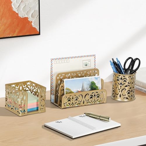 EasyPAG Desk Organizers and Accessories 3 Pieces Office Organizer Set - Pen Holder for Desk, Mail Sorter Countertop and Sticky Note Holder, Gold - Image 6