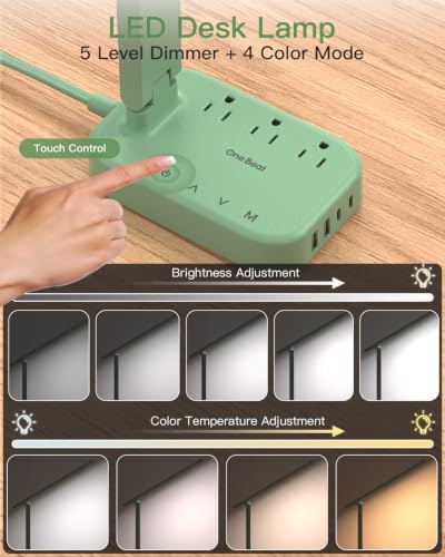 LED Desk Lamp Power Strip with 4 USB 3 Outlets, Dorm Room Essentials, Green - Image 3