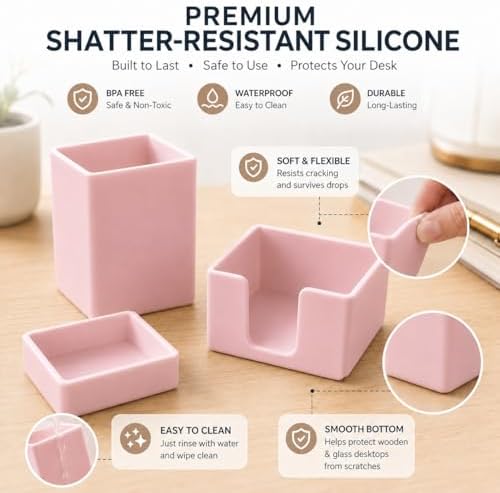 minimaliving Aesthetic Silicone Desk Organizer Set of 3,Modern Office Desk Accessories with Pen Holder,Paperclip Tray,Sticky Note Holder,Stylish Functional Office Desk Decor for Back-to-school(Pink) - Image 6