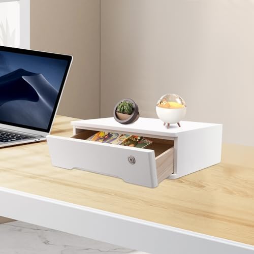 1-Tier Desktop Storage Box with Lockable Drawer, Wooden Desk Organizer for Office Supplies, Flat File Cabinet, Minimalist Design for Home & Office Use(White) - Image 4