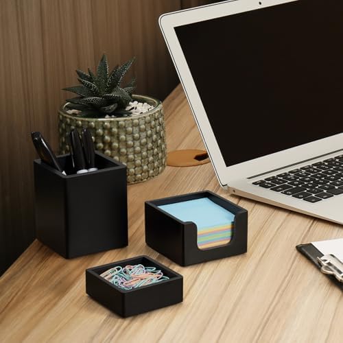 Black Desk Organizer Set of 3 - Wood Office Desk Accessories - Desk Organizers and Accessories for Women Men - Set incl. Pencil Pen Holder, Paperclip Storage and Sticky Note Holder - Image 4