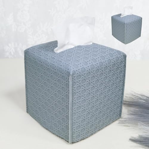 HOMOTEK 2 Pack Tissue Box Cover, Square PU Leather Tissue Holder, Decorative Facial Tissue Cube Paper Organizer Dispenser for Bathroom, Night Stands, Desk, Car 5X5X5'' - Rattan Weave, Light Gray by HOMOTEK
