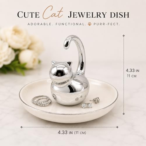 Cat Ring Holder Jewelry Dish–White & Silver Fat Cat Ceramic Trinket Tray,Birthday,Wedding,Graduation Gift for Women & Girls,Rings Earrings Necklaces Bracelets–Vanity,Nightstand,Dresser,Bathroom - Image 2
