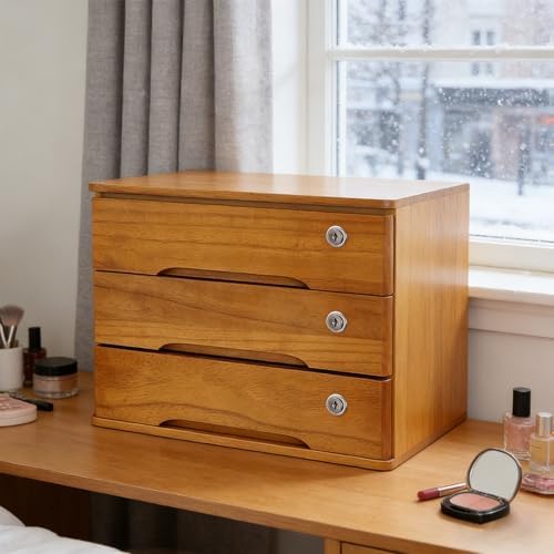 Wooden Desktop Storage Box with Lockable Drawers, Flat File Cabinet Drawer Desktop Storage Box, Countertop Storage Cabinet for Office Home Toiletries Supplies Vanity (Wood yellow, 3 Drawer) - Image 2