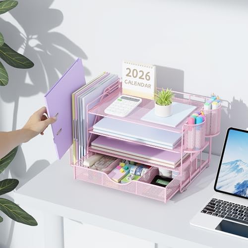 gianotter Desk Organizers and Accessories with File Holder, 4-Tier Desk Accessories & Workspace Organizers with Drawer and 2 Pen Holder, Paper Organizer for Office Supplies (Pink) - Image 6