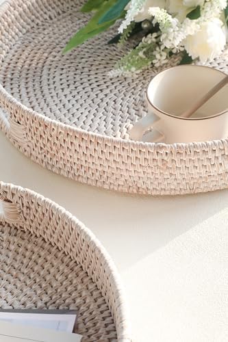 HITOMEN 14.2" Hand-Woven Round Rattan Serving Tray Decorative Ottoman Wicker Platter with Handles for Coffee Table, Breakfast, Drinks, Snack, Bread, Fruit, Vegetables (Whitewash-L) - Image 4