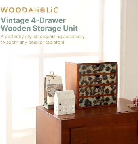 Classic Leopard Print Wooden Desk Organizer - 4-Drawer Desktop Storage - Rustic Wood Cabinet for Office Supplies, Craft Tools, & Home Organization - Luxurious Drawer Unit - Image 3