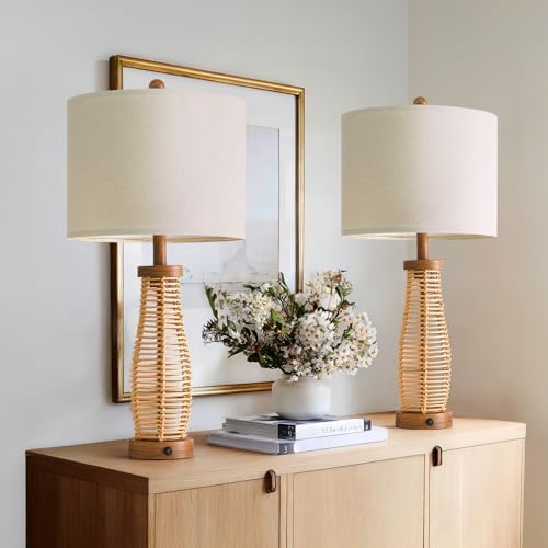 OYEARS 28" Table Lamps Set of 2 with Dual Night Lights, Bedside Lamps for Bedroom, Boho Lamp for Living Room, Rattan Table Lamp with Linen Shade, Farmhouse Lamp with Wood Grain Finish (Bulb Included) - Image 6