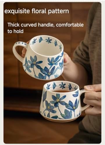 14OZ Ceramic Latte Mug, Cute Misty Blue Flower Coffee Mug For Women, Retro Floral Cup For Green Tea OR Coffee,Hand Painted Floral Design Pottery Cute Mug - Image 6