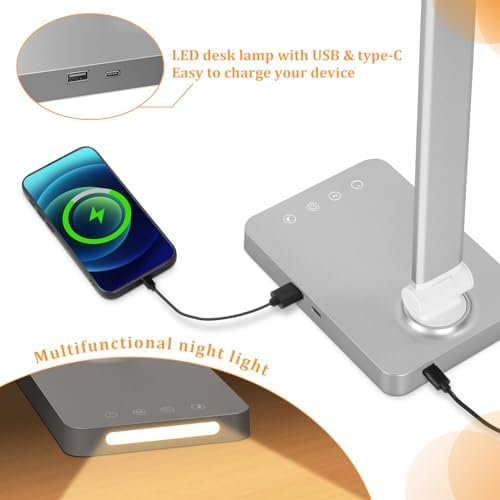 Dott Arts LED Desk Lamp with USB Ports,Touch Desk Lamps for Home Office with 5 Color Modes,3 Brightness Desk Light with Small Night Light,Reading Lamp Table LED Lamp for Bedroom Bedsid Study Sliver - Image 4