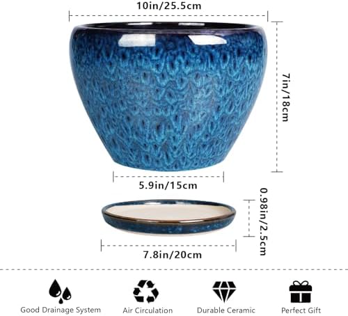 Ceramicfor 10 Inch Ceramic Planter Pot, Ceramic Plant Pot for Indoor Outdoor Plants, Large Flower Pot with Drainage Hole and Saucer, Blue - Image 3
