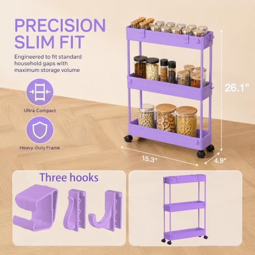 SPACELEAD Slim Storage Cart 3 Tier,Bathroom Organizer Rolling Utility,Mobile Shelving Unit Slide Out for Office, Kitchen, Laundry Room & Narrow Places,Purple - Image 6