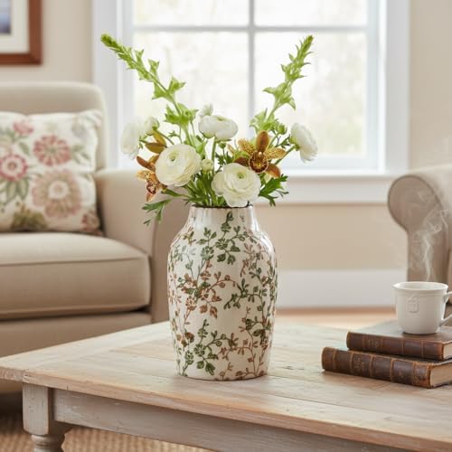 SIDUCAL Ceramic Green and Beige Antique Vase, 7 Inch Retro Ice Cracked Chinoiserie Floral Vase, Rustic Farmhouse Vases for Home Decor, Bookshelf, Office, Garden, Chinoiserie Decor, Tuscan Decor - Image 7