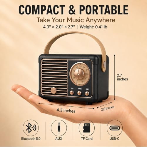 Dosmix Retro Bluetooth Speaker, Small Vintage Decor, Birthday Gifts Black - Image 3