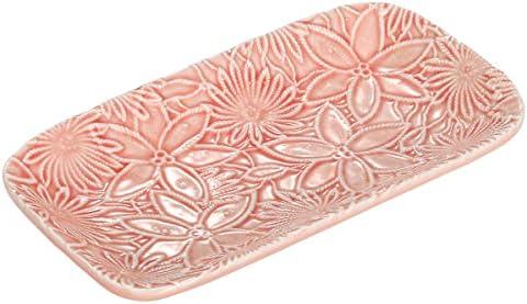 Emibele Jewelry Organizer Vanity Tray, Bathroom Kitchen Dresser Ceramic Tray with Sculptured Pattern, Jewelry Dish Ring Holder Display Trinket Cosmetic Organizer Dessert Plate Home Decor, Pink by Emibele
