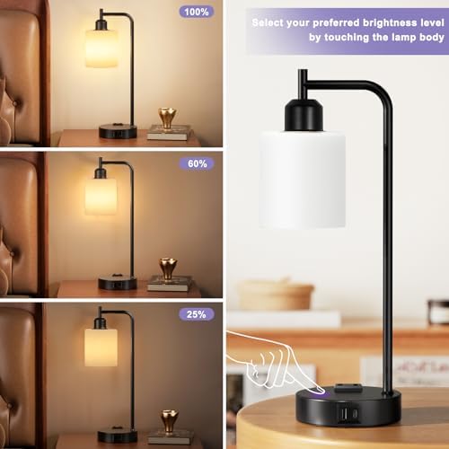 Industrial Touch Bedside Lamps for Bedrooms Set of 2 - 3-Way Dimmable Nightstand Lamps with USB C+A Ports and Outlet, Table Lamps with Opal Glass Shade for Living Room, Desk Lamps for Home Office - Image 2