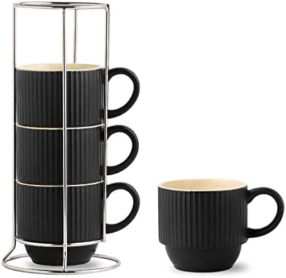 Hasense Black Coffee Mug Porcelain Set of 4 with Rack - 12 oz Stackable Coffee Cups Ceramic, Modern Ribbed Latte Cup Sets for Cappuccino, Tea, Espresso, Hot Cocoa, Drinks - Dishwasher & Microwave Safe by Hasense