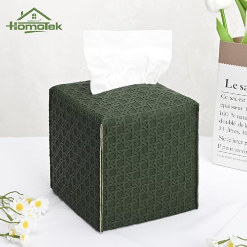 HOMOTEK 2 Pack Tissue Box Cover, Square PU Leather Tissue Holder, Decorative Facial Tissue Cube Paper Organizer Dispenser for Bathroom, Night Stands, Desk, Car 5X5X5'' - Rattan Weave,Emerald Green - Image 5