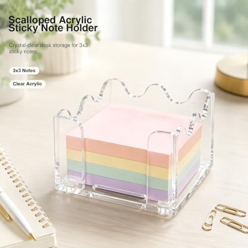 3x3 Inch Scalloped Acrylic Sticky Note Holder, Clear Cute Post It Note Dispenser, Notepad Holder with Wave Design, Thick Acrylic Desk Organizer for Office, Home, Dorm, Classroom (Crystal Clear) - Image 4