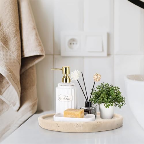 Travertine Tray, Small Ceramic Vanity Tray for Bathroom Counter Decor, Round Marble Decorative Trays for Coffee Table (Beige, Medium Size) - Image 5