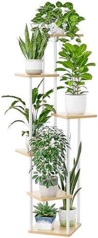 Bamworld White Plant Stand Indoor Tall Metal Wood Plant Shelf - Image 6