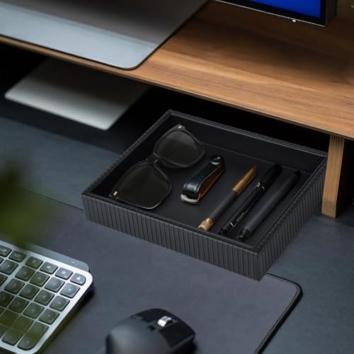 HofferRuffer Faux Leather Vanity Tray, Elegant Desktop Storage Organizer, Decorative Catchall for Perfume, Bathroom Valet, Nightstand or Dresser, 10.2 x 8.4 x 1.8 inches (Black Stripe) - Image 4