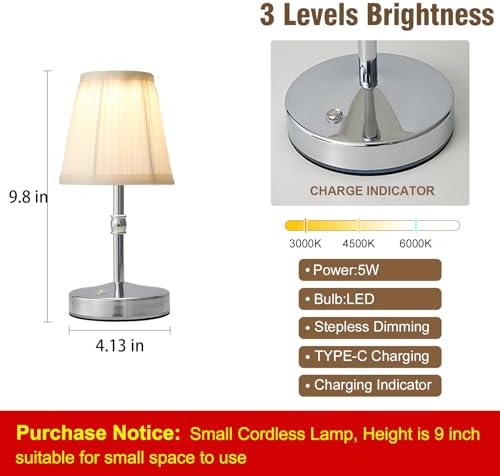 3000 mah Battery lamp,5W LED Small Touch Lamps,3 Color Temperature Dimmable Rechargeable Lamp,Cordless Lamp for Kitchen,Mini Lamps for Small Spaces (Chrome) - Image 5