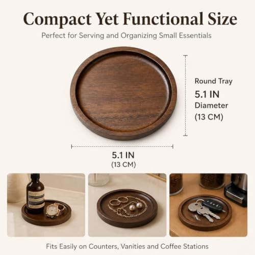 Small Acacia Wood Serving Tray Wooden Vanity Tray Bathroom Counter Organizer Coffee Bar Tray Mini Wooden Platter Appetizer Snack Serving Board Decorative Wood Tray Brown, Round - Image 2