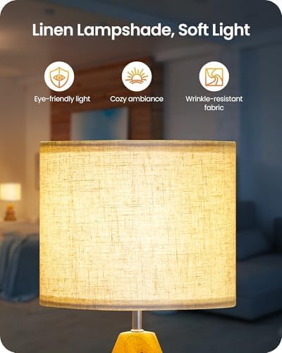 Wood Table Lamp, Wood Bedside Lamp with Tree-Shaped Base & Linen Lampshade, Modern Cute Desk Lamp for Living Room, Bedroom, E26 Base, Bulb Not Included, Beige and Dark Natural LE08TL05 - Image 6