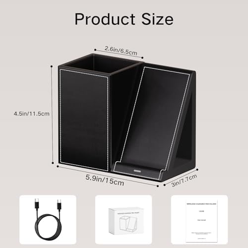 LADSTAG Pen Organizer with Phone Stand,Black Vegan Leather Desk Organizers with Remote Control Holder,Pencil Holder for Desk,Desk Organizer with Phone Charger for Office/Nightstand/Endtable - Image 4