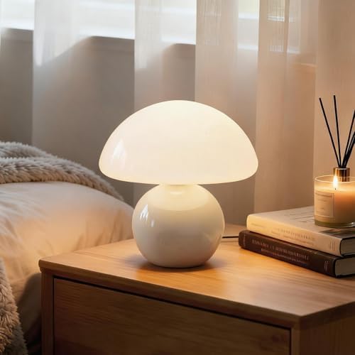 Cute Mushroom Table Lamp, Mid Century Modern Decor, Cozy Oasis Lighting, Unique Bedside Nightstand Lamp for Bedroom Living Room Office, Ideal for Home Decor Lovers, Kids & Adults(White) by O-FarFarm