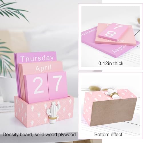 Notakia Perpetual Calendar Wooden Blocks Vintage Wood Block Calendar for Home Office Desk Accessories Week Month Date Display (Pink Calendar) - Image 3