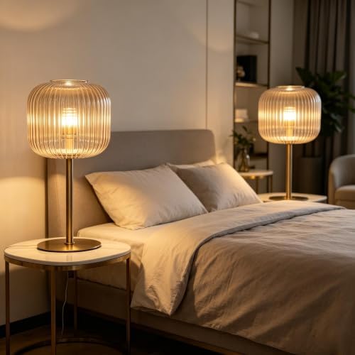 Green Glass Table Lamp Mid Century Modern Table Lamp for Bedroom Nightstand Gold Small Night Light Vintage Decorative Brass Desk Lamp for Living Room Study (L Amber Lamp) - Image 5