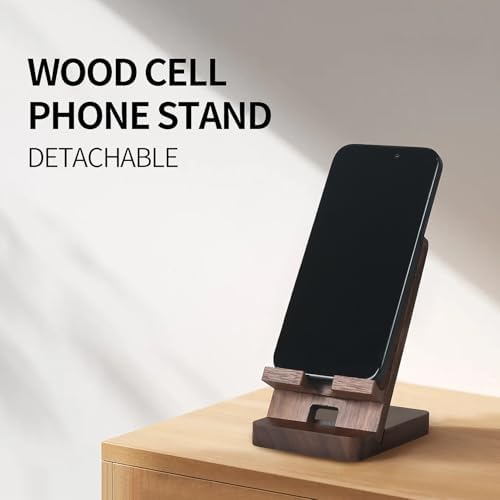 Wood Phone Stand with Mirror, Desktop Wooden Phone Holder, Portable Office Phone Stand for Desk, Wood ipad Stand， Compatible with iPhone & All Cell Phones (Walnut) - Image 4