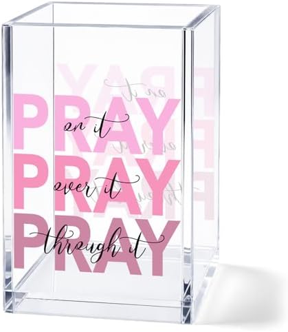 Christian Acrylic Pen Holder Cup, “Pray Over It Prays On It Pray Through It” Bible Verse Desk Decor, Pink Office Desk Organizer, Inspirational Gift for Women, Religious Desk Accessory by Unknown