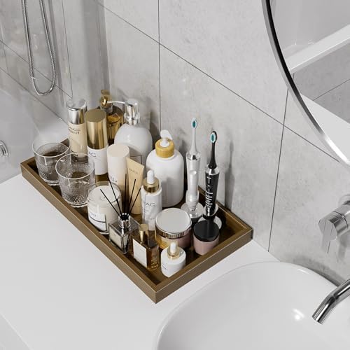 ZHWS Bathroom Vanity Tray for Countertop Perfume Makeup Jewelry Candle Decor, Kitchen Tray for Soap Dispenser Spice Salt, Large Tray for Toilet Tank Paper, Serving Nightstand Brown 13”x6.5” - Image 2