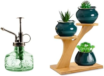 XXXFLOWER Glass Plant Mister Spray Bottle Green+Bamboo Plant Stand,3 Tiers Indoor Succulent Windowsill Shelf by XXXFLOWER