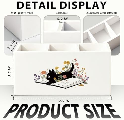 Black Cat Pen Holder, Book Lovers Reader Gifts Pencil Holder for Desk, Black Cat Lovers Gifts for Women, Floral Book Wooden Box Sign Decorations for Reading Room Corner Nook Desk Tabletop - Image 7