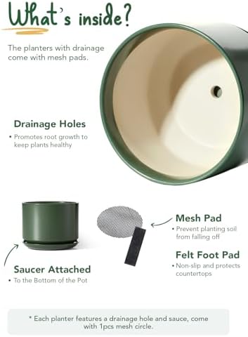 LE TAUCI Ceramic Pots for Plants, 10 Inch Plant Pot with Drainage Hole & Saucer, Sturdy & Modern Planters for Indoor Plants, Includes Mesh Screen, Fits Snake Plant & Monstera, Forest Green - Image 4