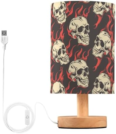 Fustylead Red Flame Skull Black Bedside Table Lamps with USB Port for Bedroom Lamp Accent Table Lamp Small Nightstand Lamp Sturdy Linen Shade Wooden Decorative Lamps for Kids|Reading|Dorm|Home by Fustylead