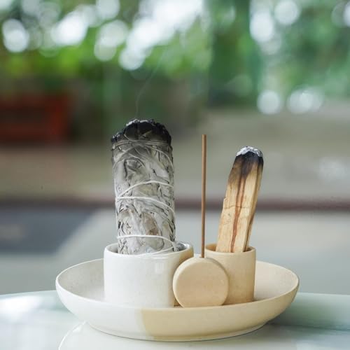 4 in 1 Incense Holder, Ceramic Incense Stick and Palo Santo Holder,Sage Holder for Burning- 4.25" Ceramic Ash Catcher Tray for Meditation and Yoga Room (White Sand) - Image 5