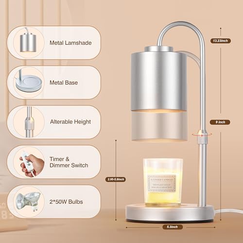 CASTLELIFE Dimmable Candle Warmer Lamp with Timer, Height Adjustable Candle Warmer for Jar Candles, Electric Wax Melt Warmer for Home Decor House Warming Gifts, Birthday Gifts for Women, Silver - Image 2