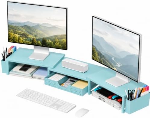 Desk Organizers and Accessories, Dual Monitor Stand Riser with Drawer and 2 Pen Holders, Desk Shelf Printer Stand for Office Workspace Organizers, Desktop Organization (Blue) by OPNICE