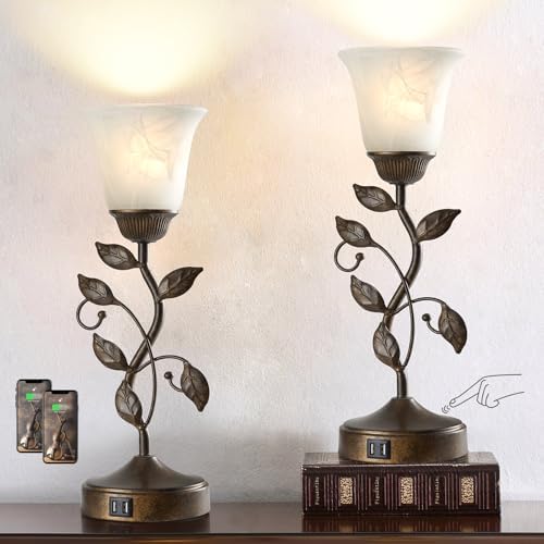 Set of 2 Touch Farmhouse Bedroom Table Lamps 2 USB C+A - Image 2