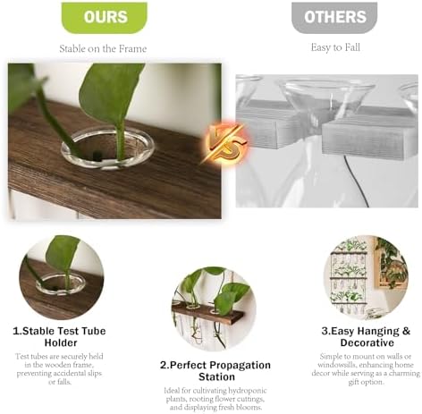 XXXFLOWER Wall Hanging Propagation Station with Wooden Stand 5 Glass Test Tubes 3 Tiered Planters Wall Terrarium for Home Office Plant Hanger Flower Vases Wall Decor Hydroponic Cuttings - Image 5