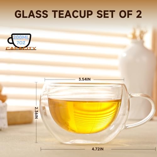 Double Wall Insulated Glass Tea Cups Set of 2, Clear Borosilicate Espresso Shot Cups for Espresso Machine, Glass Teacups Coffee Mugs with Handle for Cappuccino Latte, 7OZ/200ML - Image 2