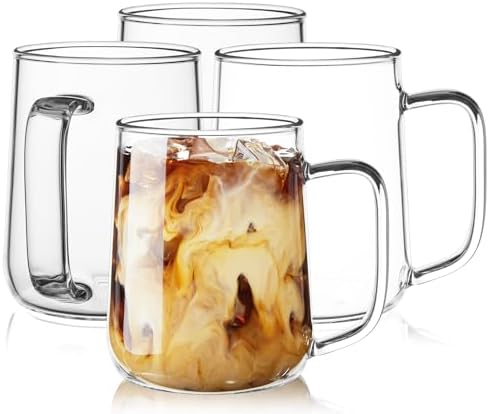 Glass Coffee Mugs, 16 oz Glass Coffee Cups Set of 4, Clear Borosilicate Glass Mugs with Handles for Cappuccino, Tea, Latte, Hot/Cold Beverages, Wine, Americano by Unknown