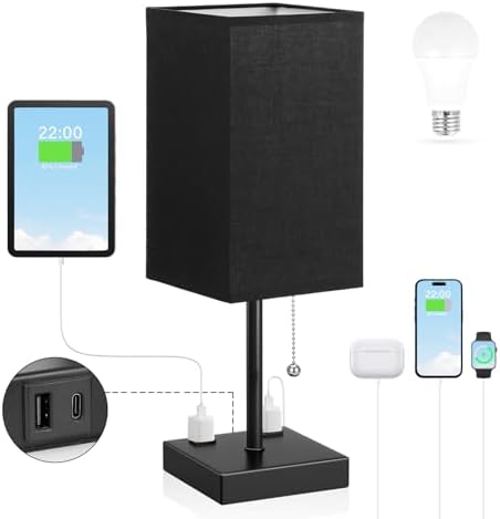 Black Lamp for Bedroom - 3 Color Temperatures, USB A+C, 2 AC Outlets - Image 2